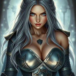 A stunning cleric, characterized by her busty figure and slender physique, featuring very large tender push-upped breasts
