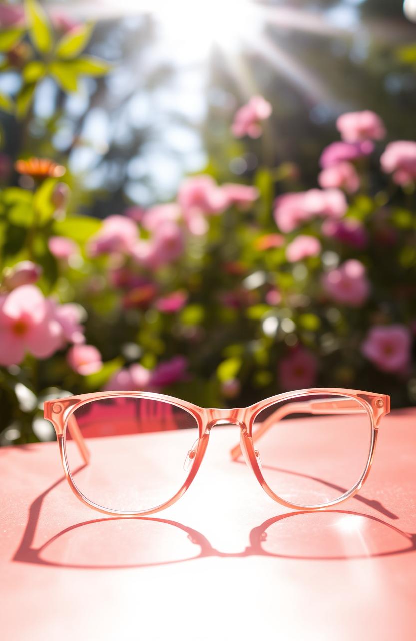 A close-up view of a stylish pair of rose-colored glasses resting on a vibrant, sunlit surface