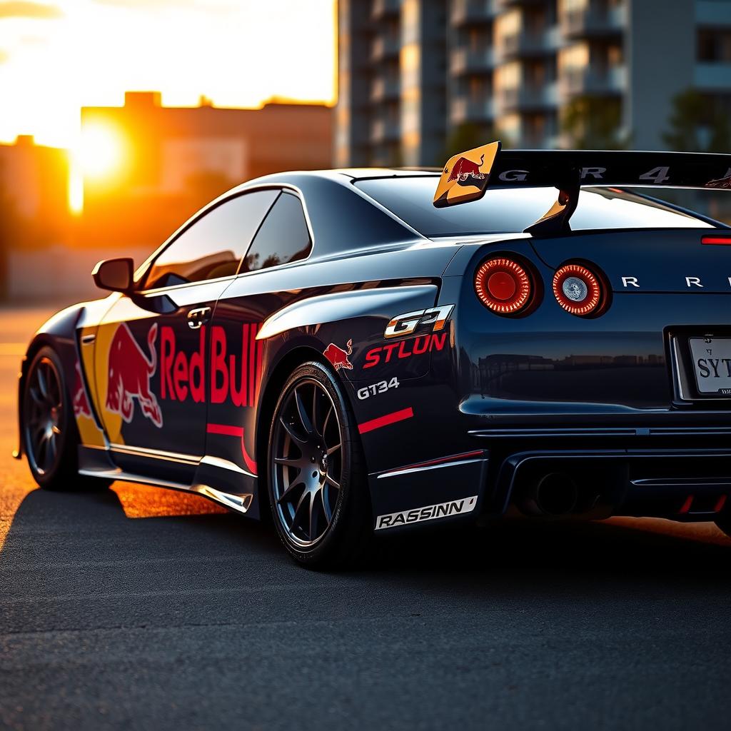 A Nissan Skyline GT-R R34, adorned with a vibrant Red Bull Racing skin, showcasing its sleek and aerodynamic design