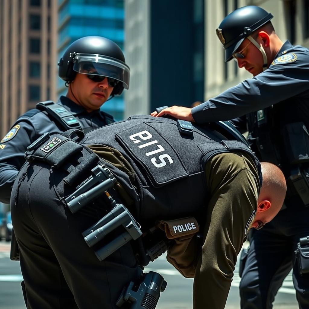 A fully equipped police officer in a tactical uniform, including a bulletproof vest, utility belt, and radio, is bent over for a pat-down by another officer