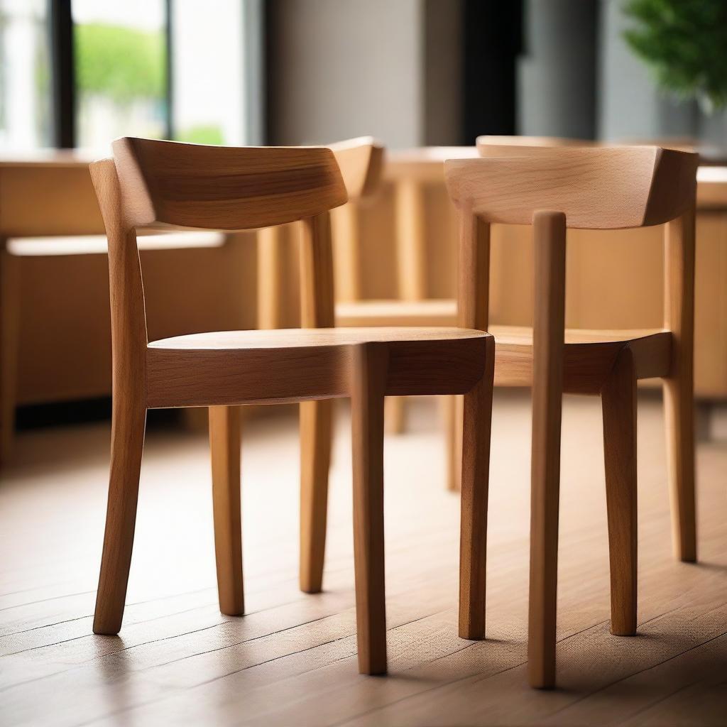 A comfortable teak wood chair elegantly placed in a contemporary café setting with ambient light illuminating the warm grains of the wood.