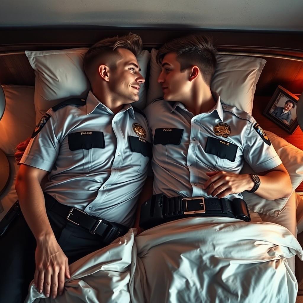 A romantic scene featuring two fully geared policemen lying in bed together, surrounded by soft, warm lighting that creates an intimate atmosphere