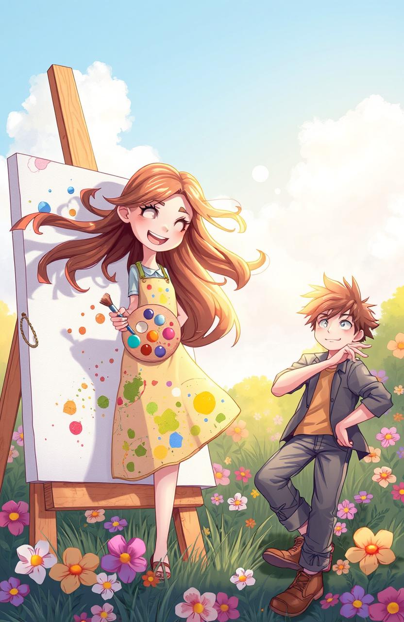 A whimsical scene featuring a girl passionately painting on a large canvas in a colorful outdoor setting