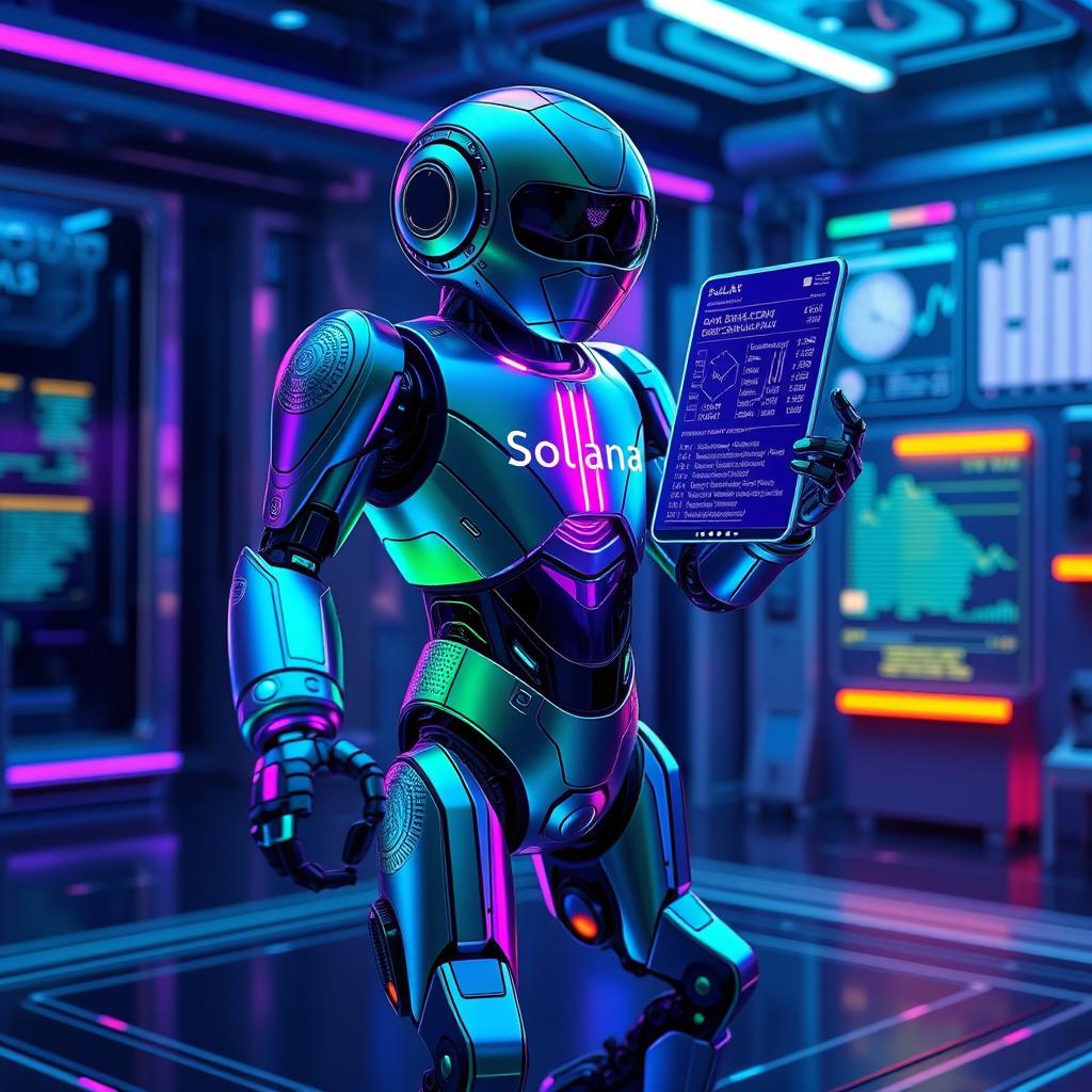 A futuristic representation of a Solana bot, designed as a sleek and advanced robotic entity