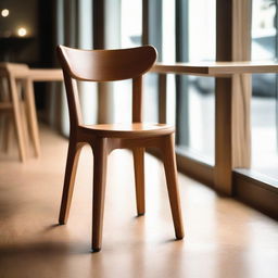 A comfortable teak wood chair elegantly placed in a contemporary café setting with ambient light illuminating the warm grains of the wood.