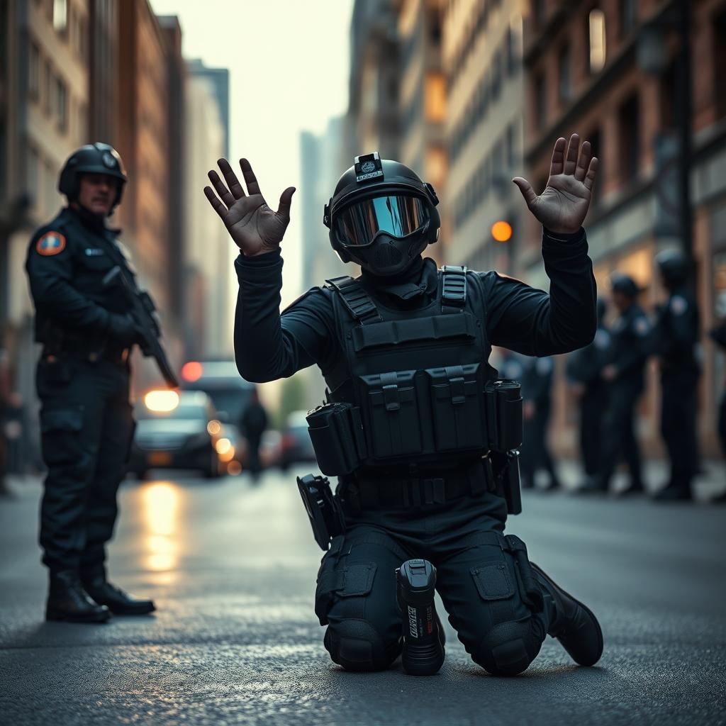 A tense scene depicting a fully geared police officer surrendering, kneeling with hands raised in the air