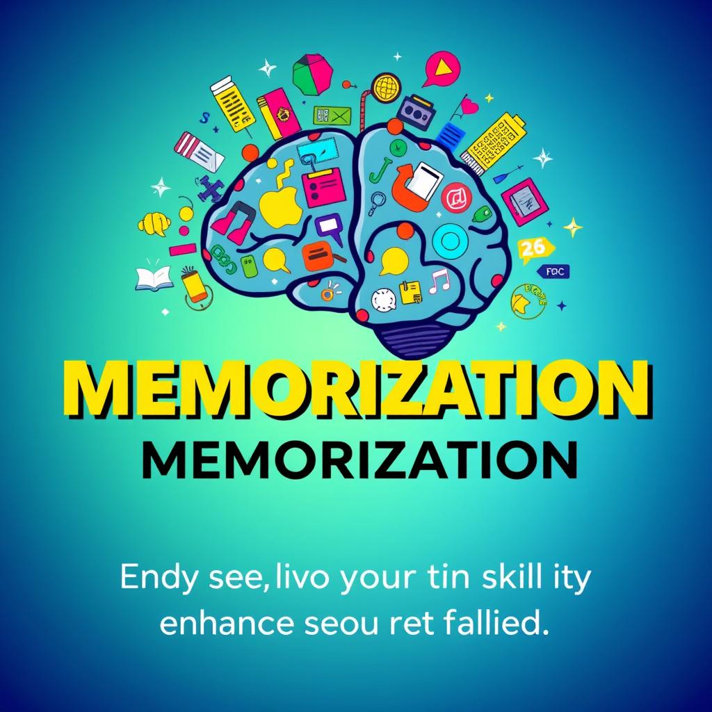 A vibrant and engaging cover for a memorization course, featuring a stylish brain illustration filled with colorful icons representing various subjects like books, numbers, and images