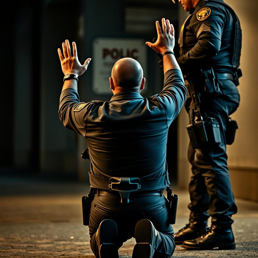 A fully geared police officer surrendering with his back facing the viewer, kneeling down with hands raised in the air