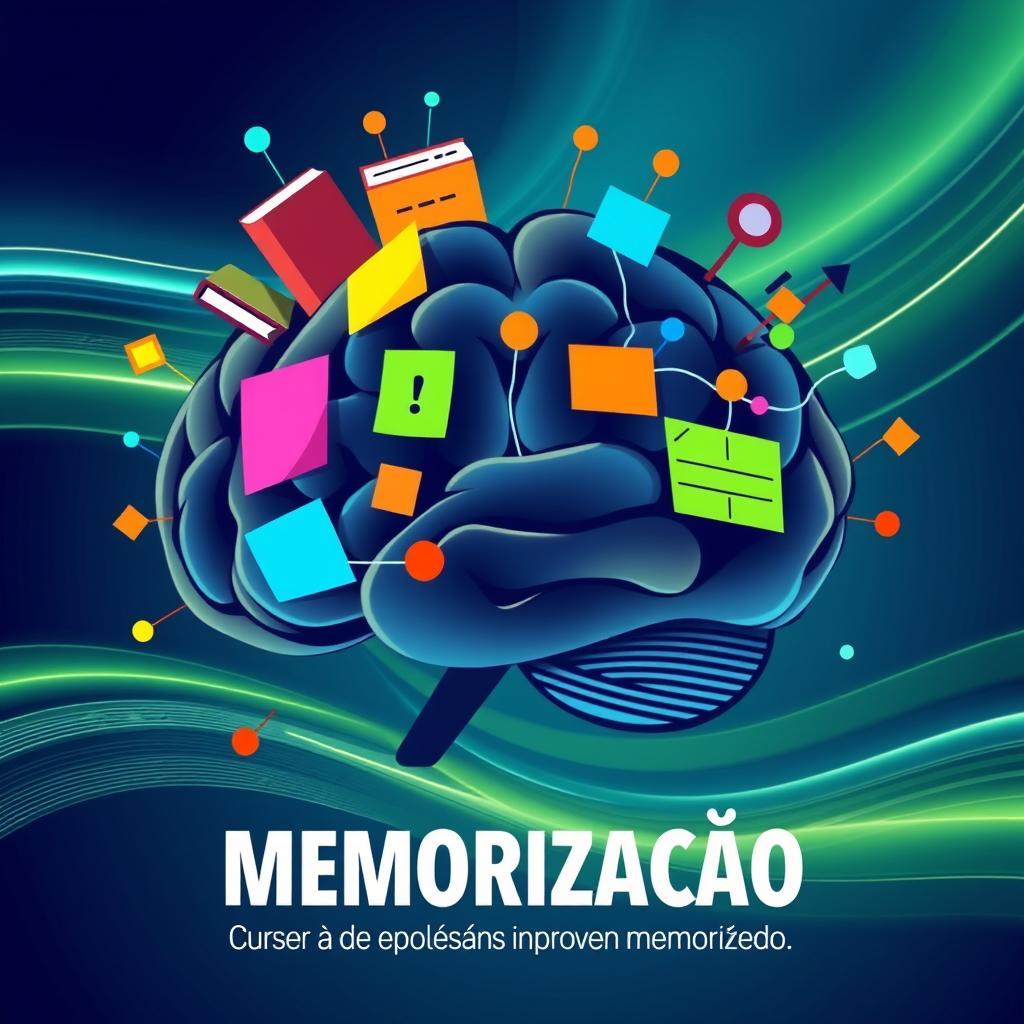 Uma arte de capa vibrante e atraente para um curso de memorização, apresentando um cérebro estilizado com elementos visuais que representam memórias e aprendizado, como livros, notas adesivas coloridas e neurônios conectando-se