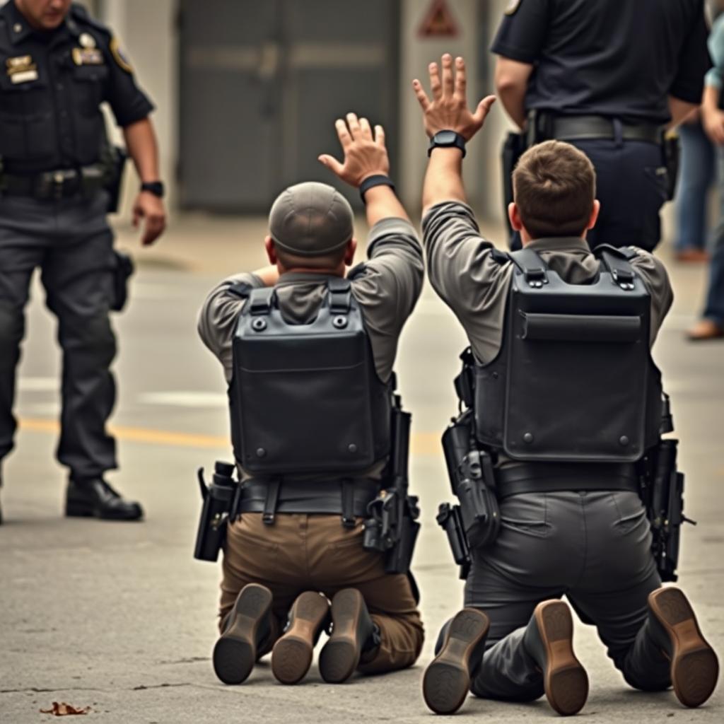 A scene depicting two fully geared police officers kneeling on the ground with their hands raised in surrender