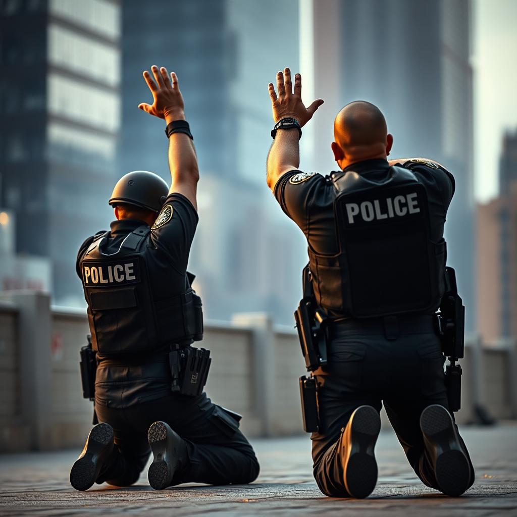 A dramatic scene depicting two geared police officers surrendering, kneeling with their hands raised in the air