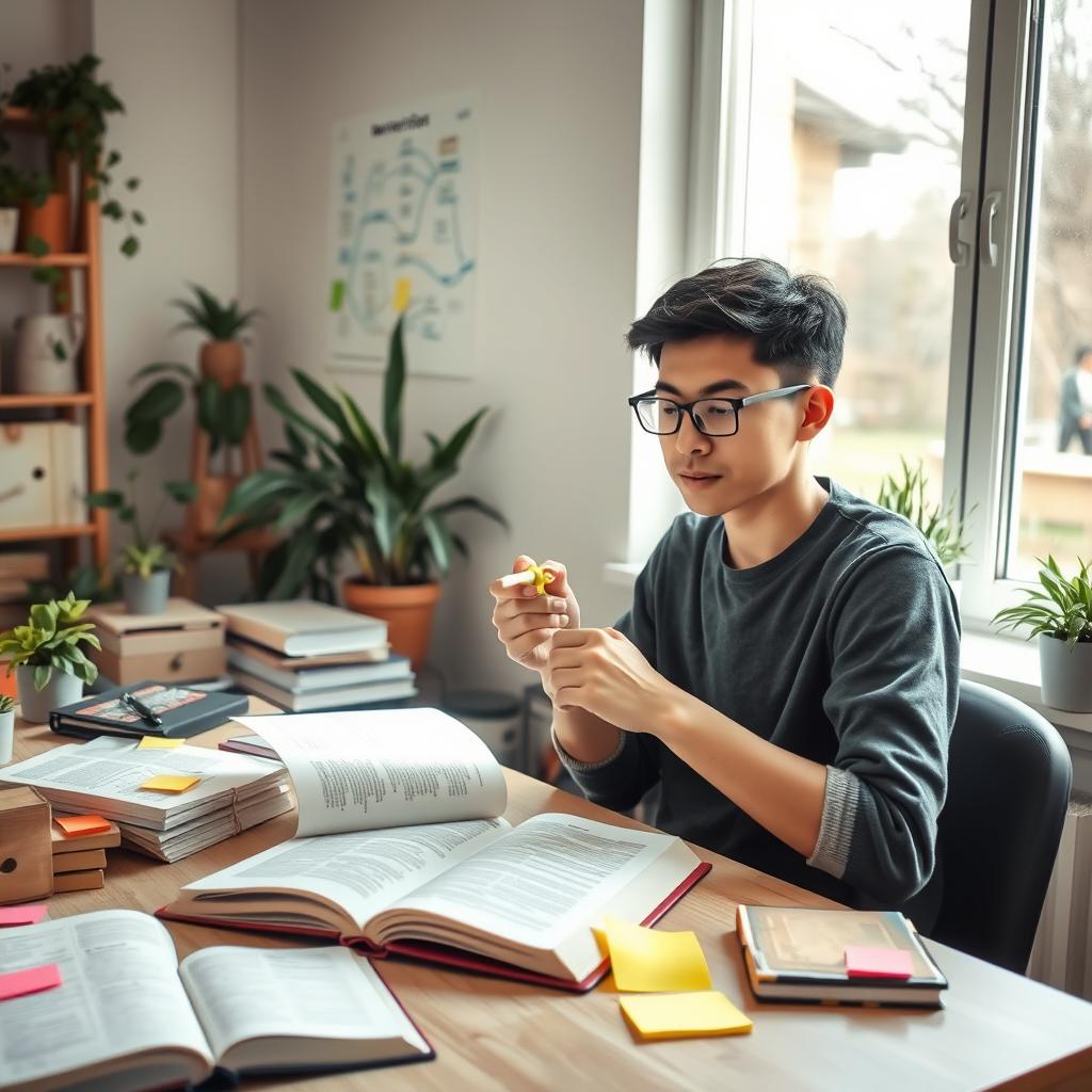 A serene study scene featuring a person sitting at a desk surrounded by open books and colorful sticky notes, intently focusing on memorizing concepts