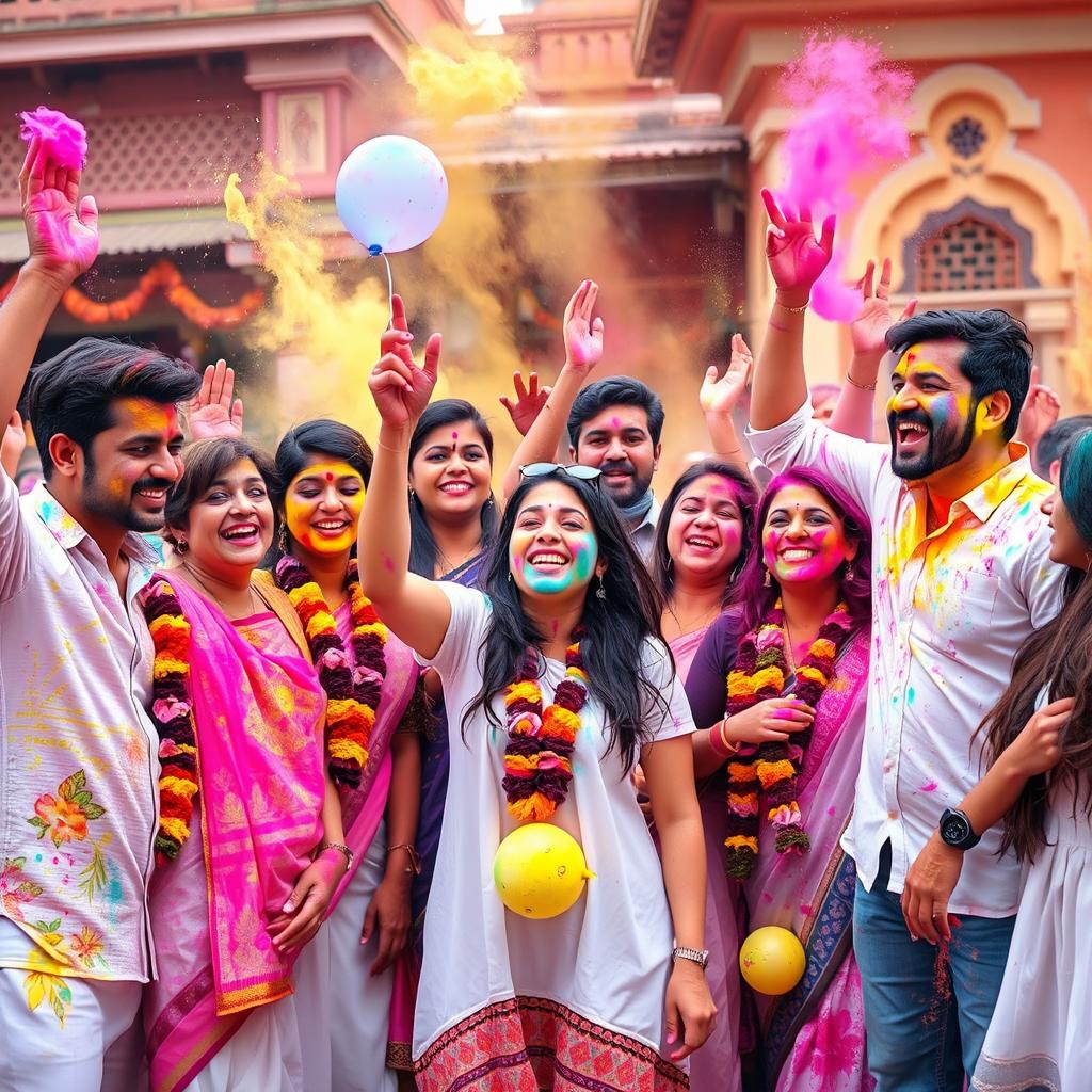 A vibrant and colorful scene celebrating Holi, the festival of colors in India