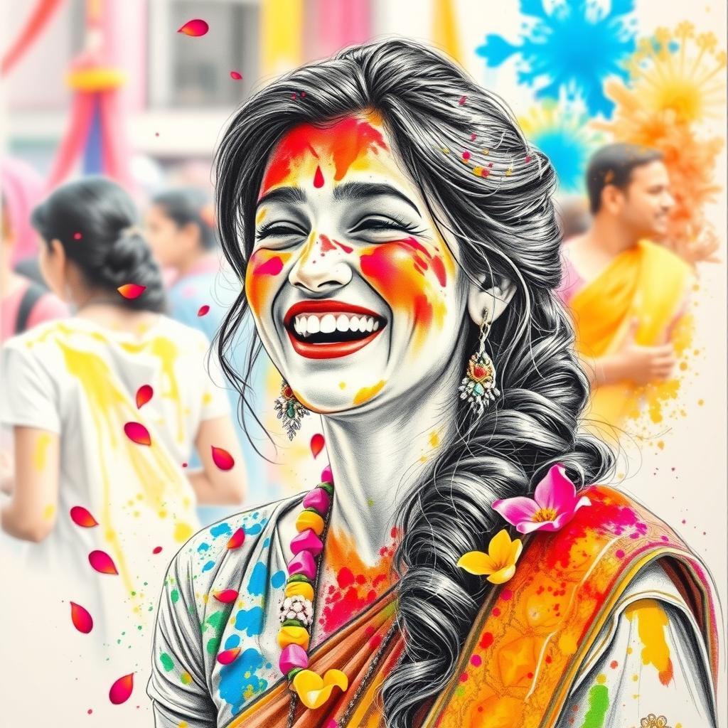 A detailed pencil sketch of a woman celebrating Holi, adorned with vibrant colors splashed across her face and clothes