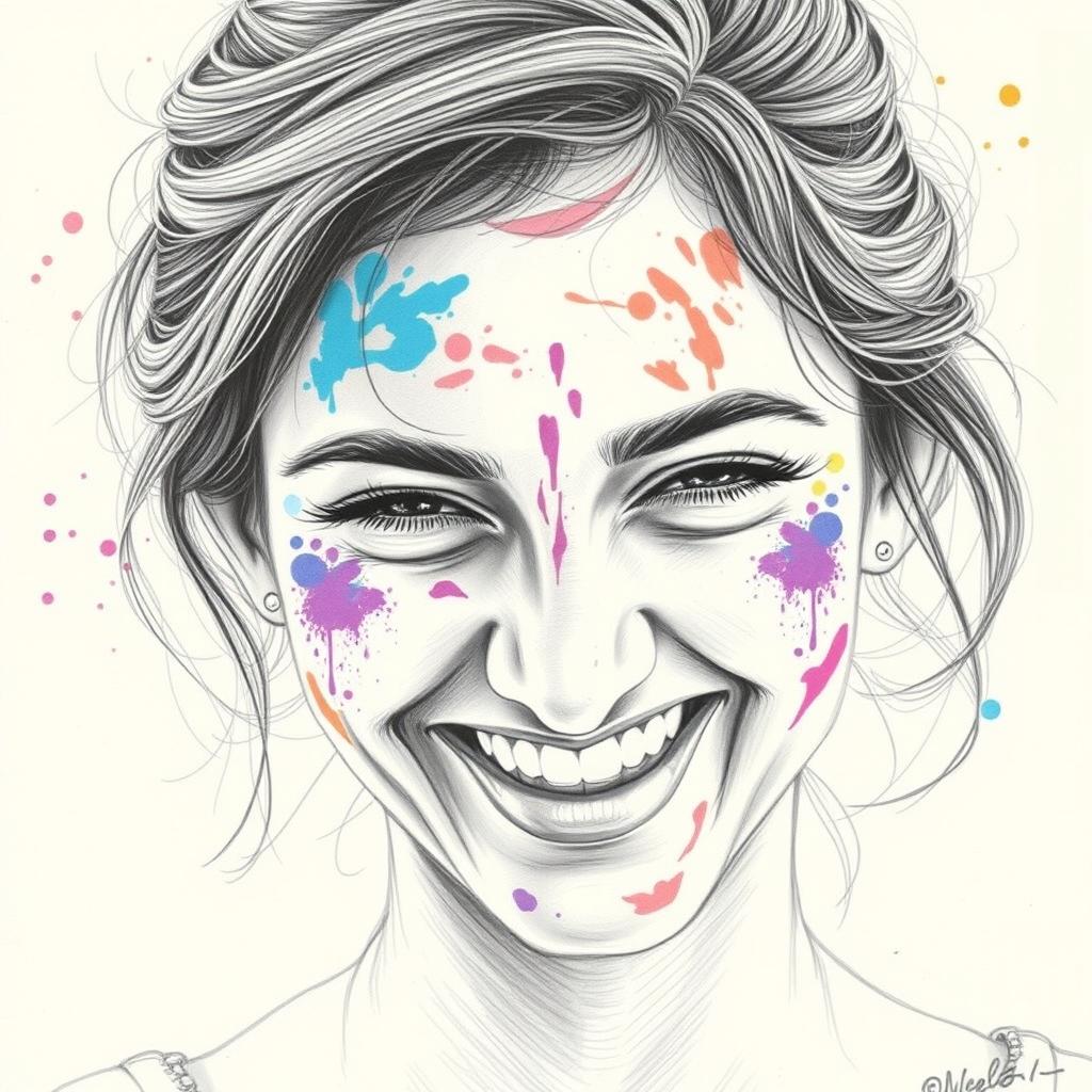 A detailed pencil sketch of a woman celebrating Holi, capturing a close-up of her joyful expression
