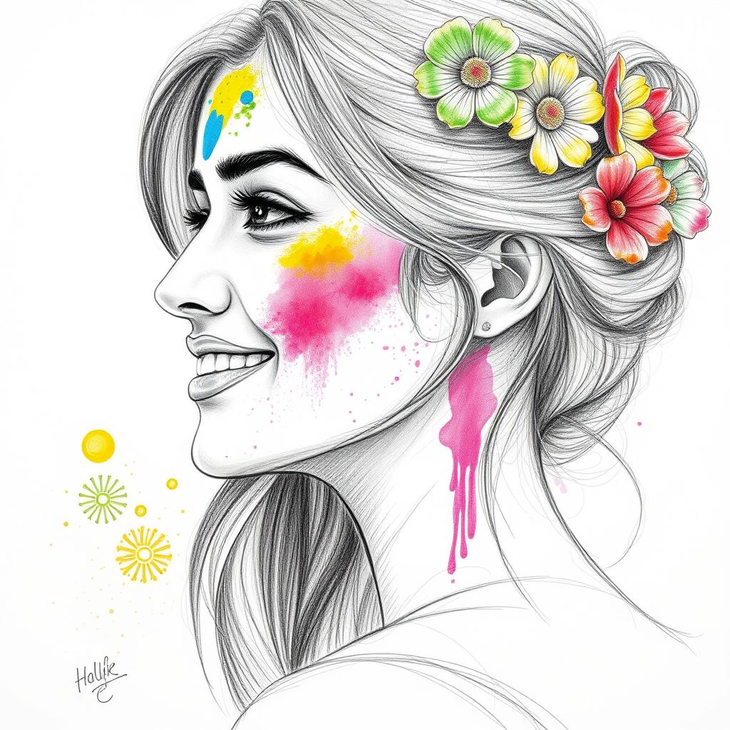A detailed pencil sketch of a woman's side profile during Holi, with vibrant colors of powdered pigments smeared across her cheeks and forehead
