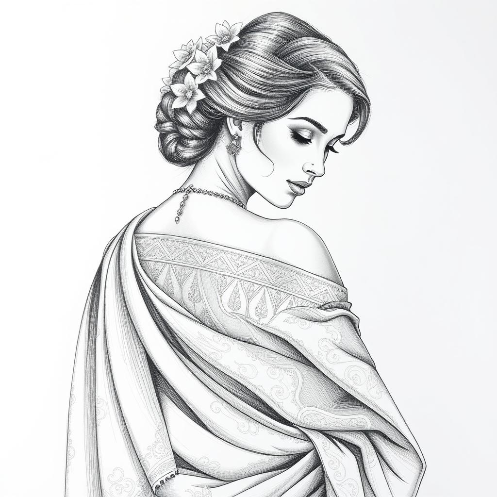 A detailed pencil sketch of a woman gracefully draped in a traditional saree, showcasing intricate patterns and textures of the fabric