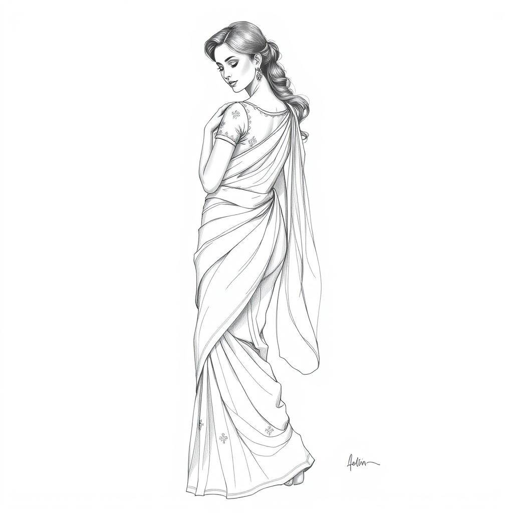 A beautifully detailed pencil sketch of a woman gracefully wearing a saree, showcasing her elegant curves
