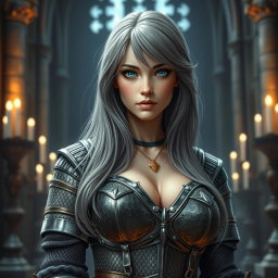 A busty, beautiful cleric girl with slender features and very large tender push-upped breasts