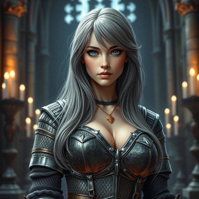 A busty, beautiful cleric girl with slender features and very large tender push-upped breasts
