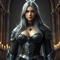A busty, beautiful cleric girl with slender features and very large tender push-upped breasts
