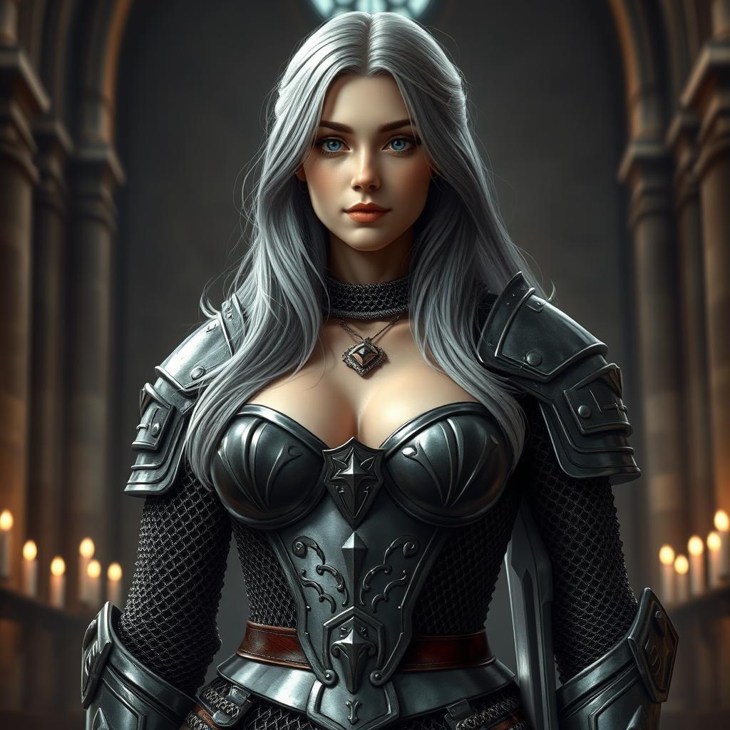 A busty, beautiful cleric girl with slender features and very large tender push-upped breasts