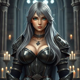 A busty, beautiful cleric girl with slender features and very large tender push-upped breasts