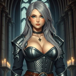 A busty, beautiful cleric girl with slender features and very large tender push-upped breasts