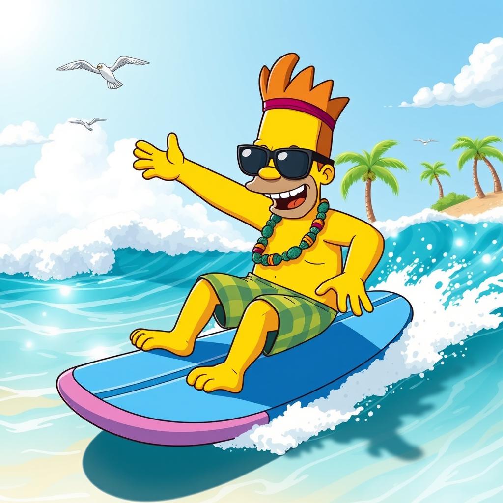 A whimsical scene featuring Chief Wiggum, the character from The Simpsons, enjoying a day at the beach