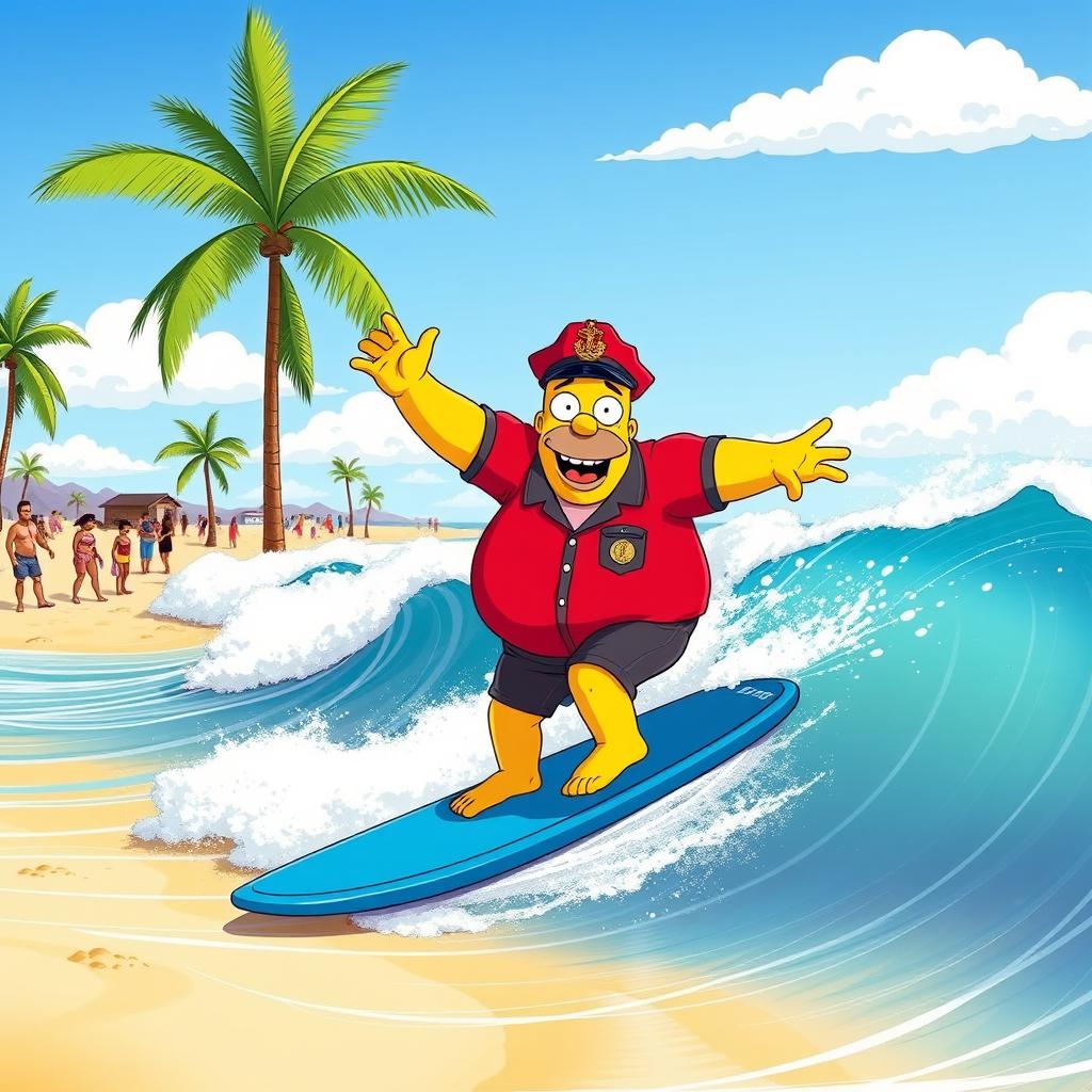 A humorous and vibrant scene featuring a hefty Chief Clancy Wiggum from The Simpsons, surfing on a bright blue surfboard while wearing his iconic red police uniform