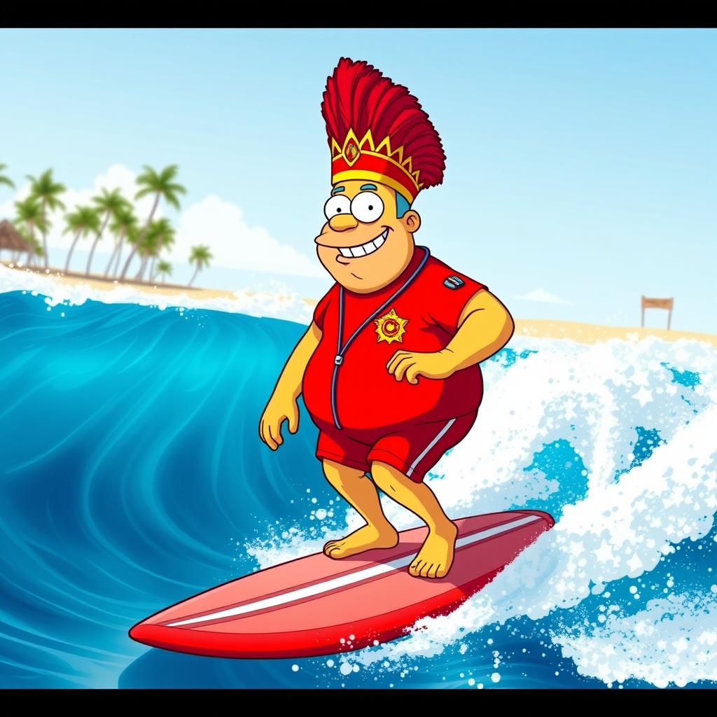 Fat Chief Clancy Wiggum surfing on a vibrant blue ocean wave, wearing a bright red surf uniform