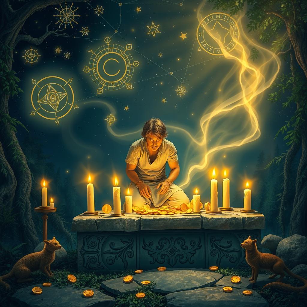 An allegorical scene depicting a sacrifice to earn money, featuring a mystical and ethereal atmosphere