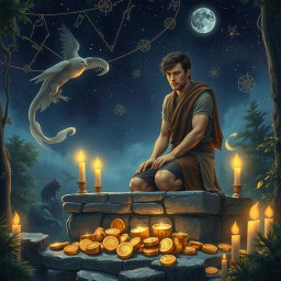 An allegorical scene depicting a sacrifice to earn money, featuring a mystical and ethereal atmosphere