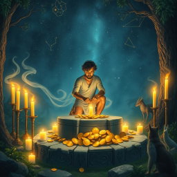 An allegorical scene depicting a sacrifice to earn money, featuring a mystical and ethereal atmosphere