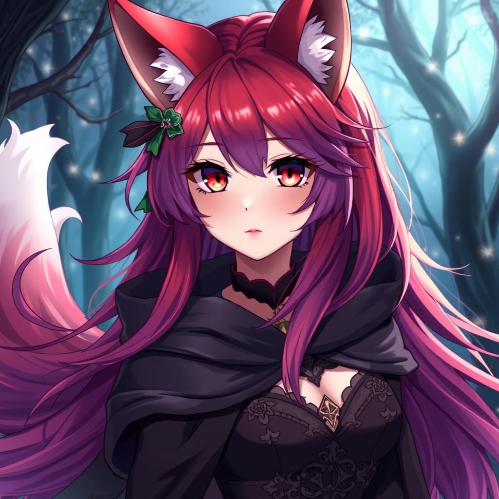 A stunning anime-style illustration of a fox woman, featuring vibrant red and purple hair that flows elegantly