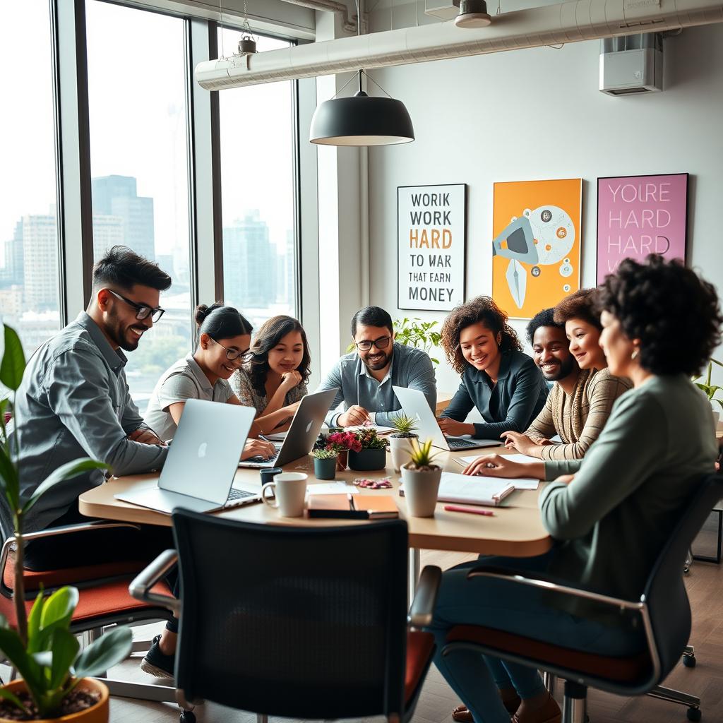 A motivational scene depicting a diverse group of young professionals working together in a modern, vibrant office