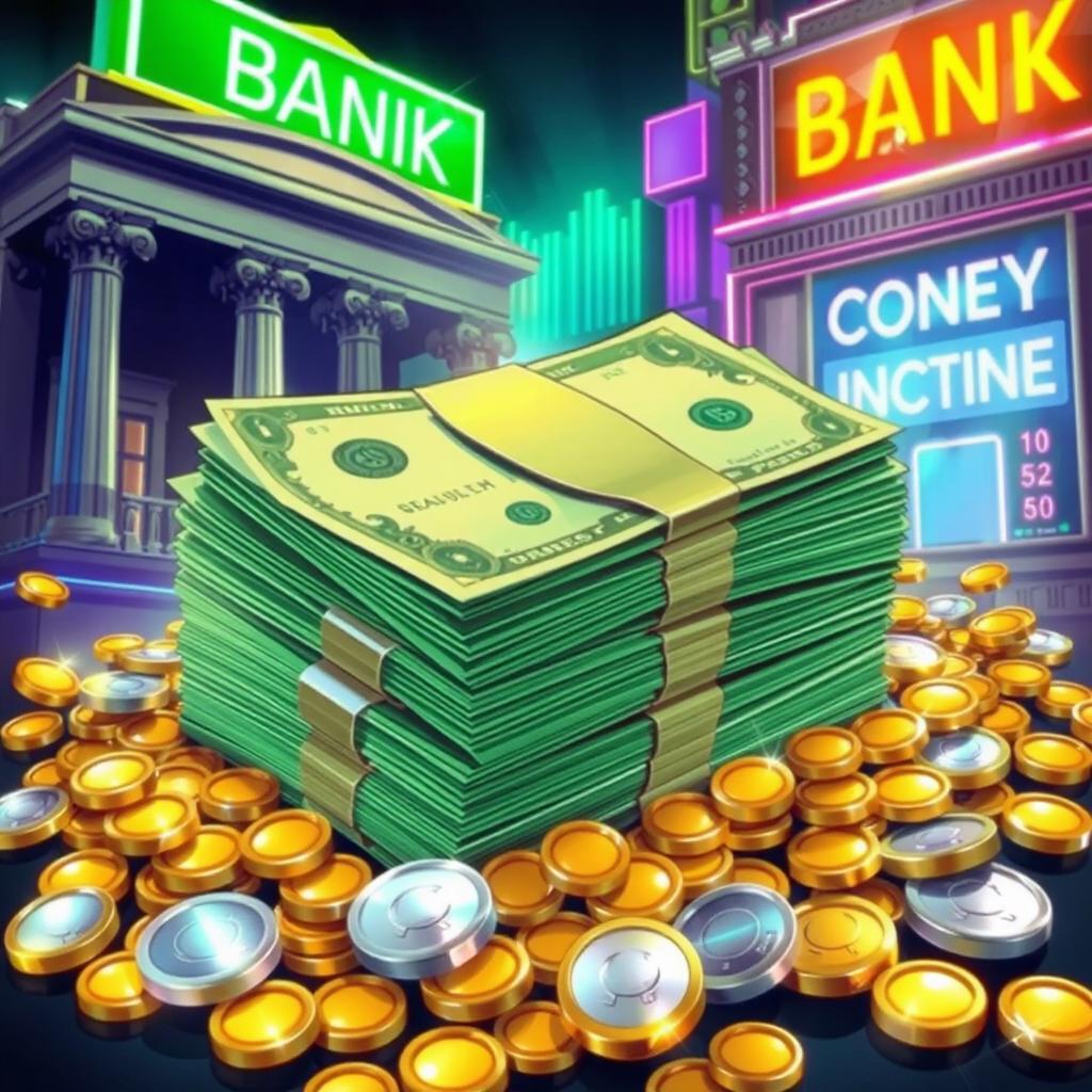 A vibrant and colorful illustration of a stack of dollar bills, meticulously arranged and fanned out with a gold and silver coin spill around it