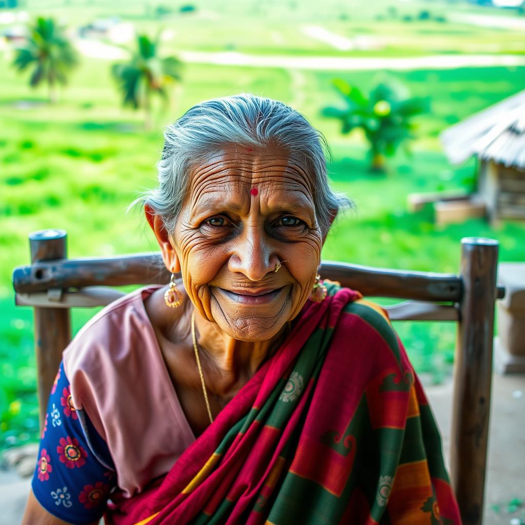 An elderly Indian woman with distinct, deep wrinkles, wearing a colorful traditional saree and a nose ring, sitting on a wooden chair in a rural setting