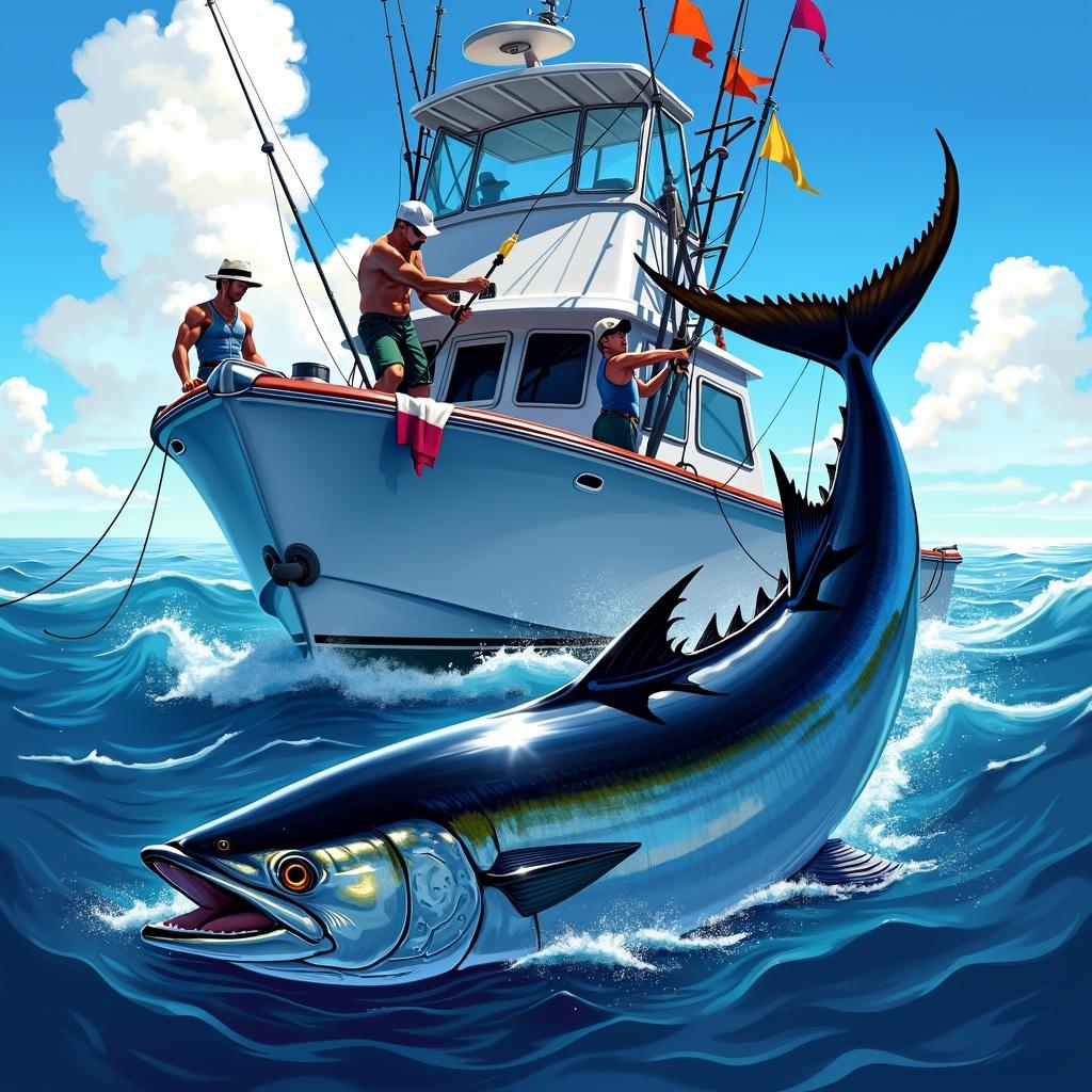A dynamic scene of tuna fishing from a boat in the open sea