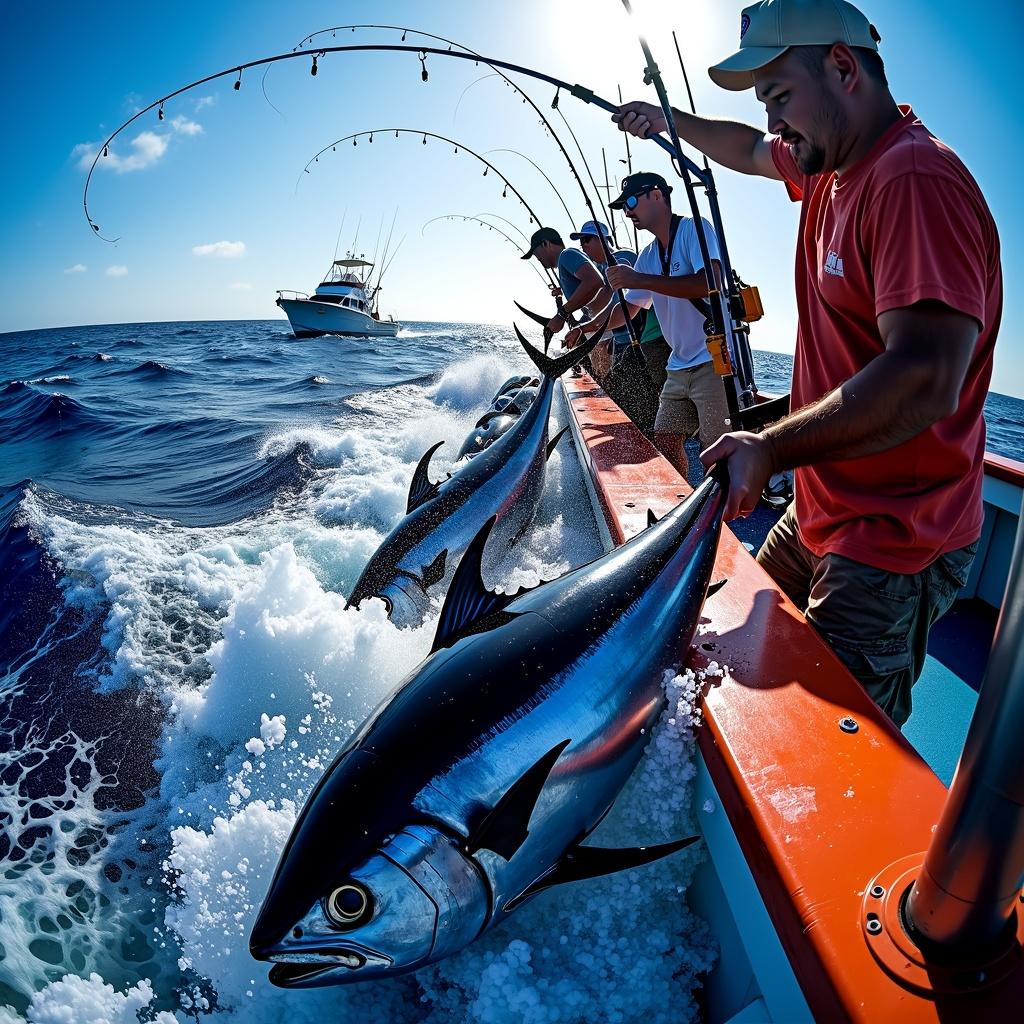 A dynamic scene of tuna fishing on the open sea, showcasing fishermen actively reeling in large, vibrant tuna from deep blue waters