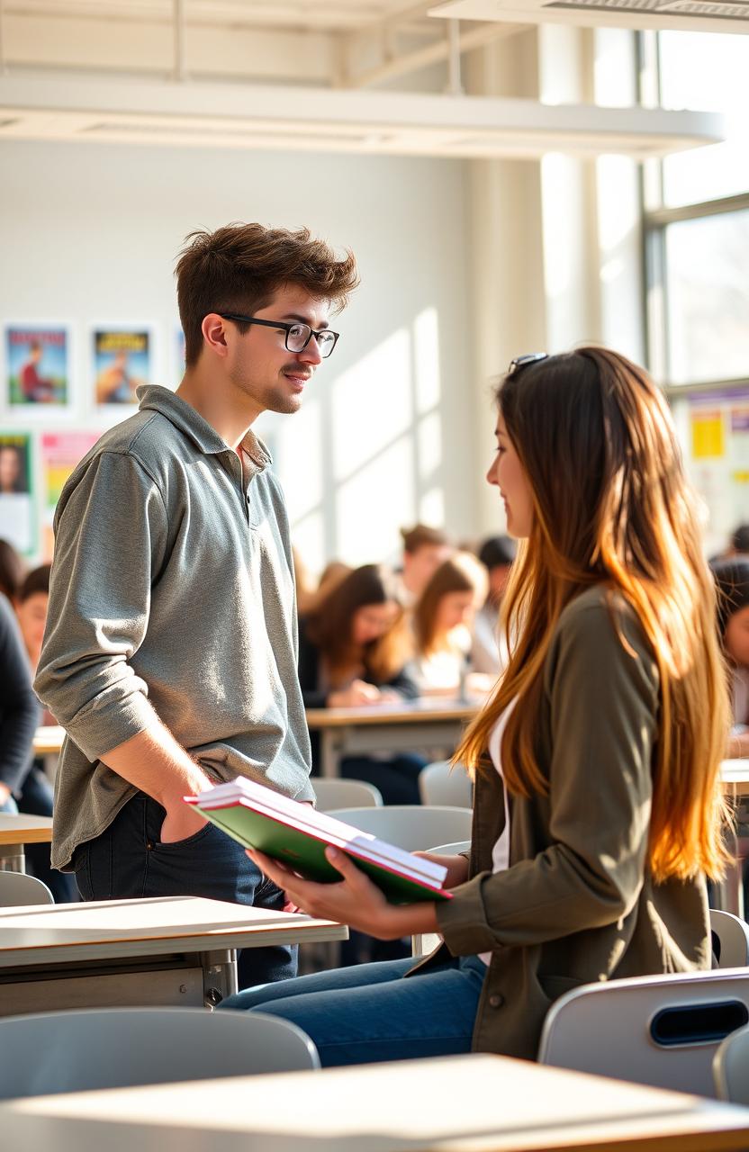 A handsome male student with glasses stands attentively, gazing at a beautiful female student sitting elegantly while reading a book
