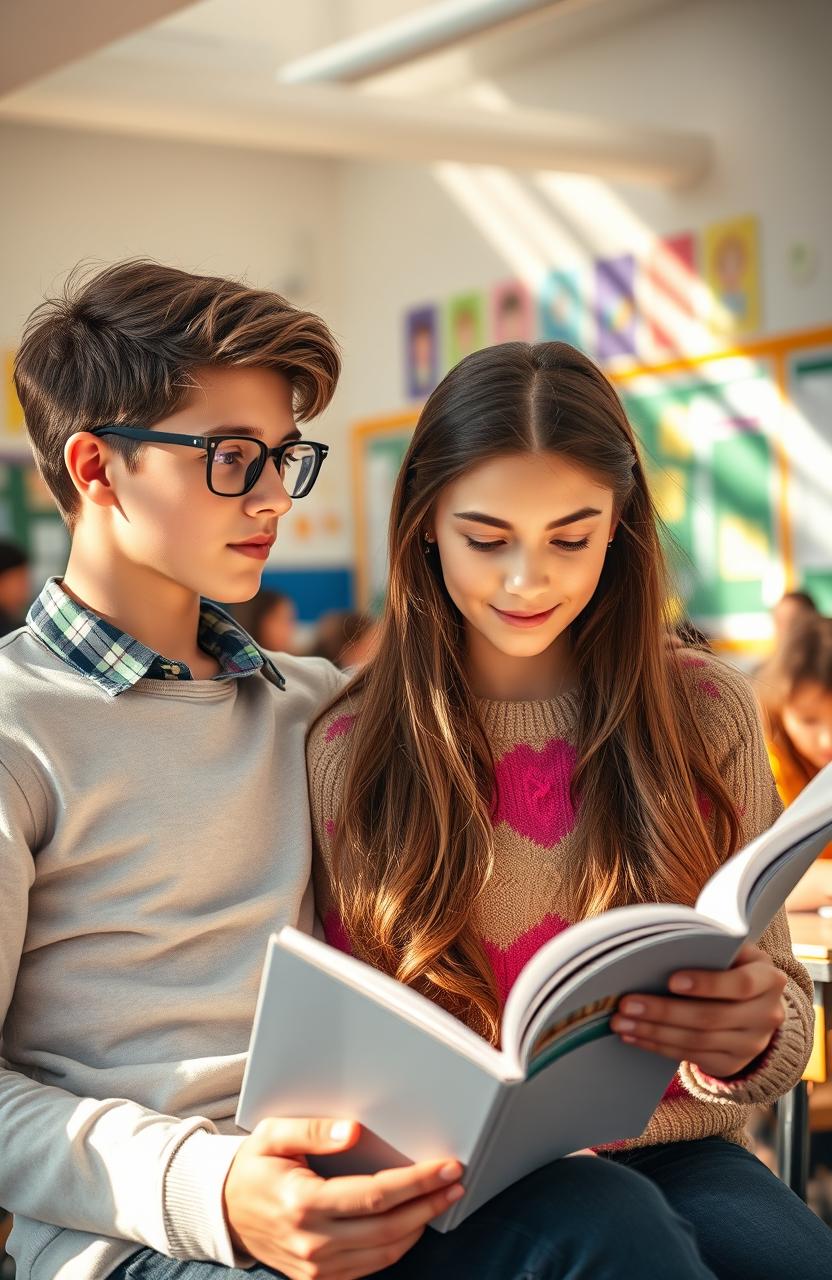 A handsome teenage boy with glasses, wearing a stylish casual outfit, looking attentively at a beautiful teenage girl who is deeply engrossed in reading a book