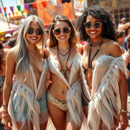 A photorealistic image of three slim, attractive hippie girls at a lively summer music festival