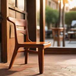 A beautifully crafted teak wood chair placed in a charming cafe, with the warm, vibrant hues of sunset spilling through the window and highlighting the rich wood grains.