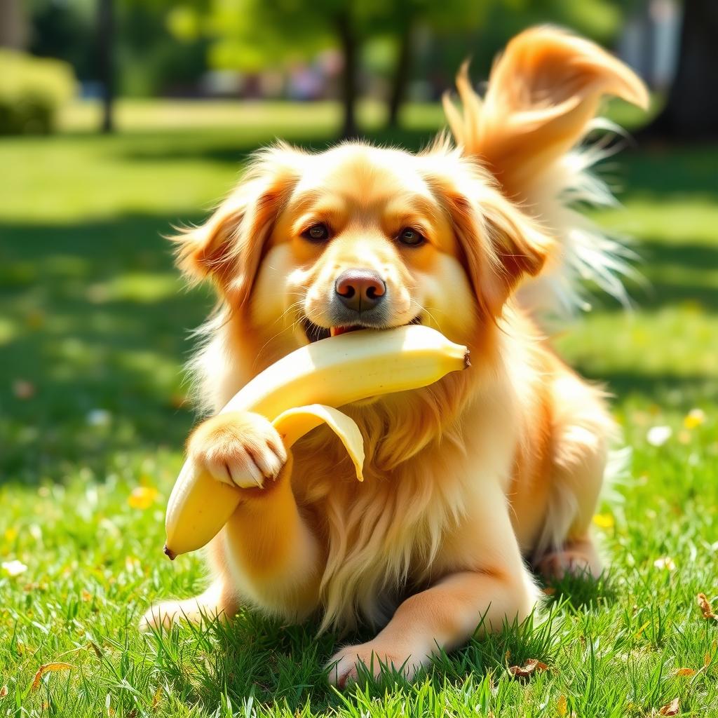A dog happily sitting and eating a banana, with its tail wagging