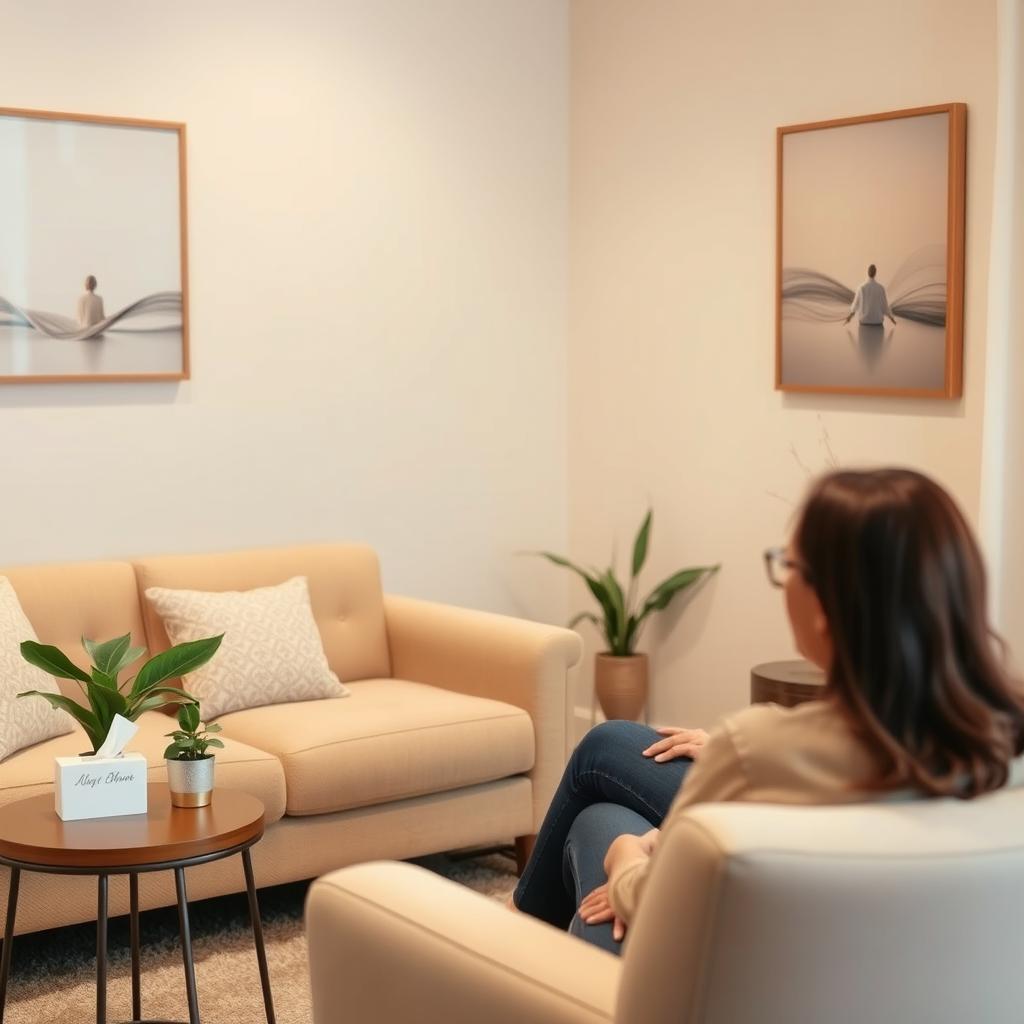 A warm and inviting therapy room featuring a comfortable, plush sofa, with soft, neutral-colored walls adorned with soothing artwork