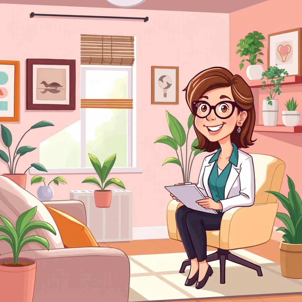 A cartoon illustration of a cozy therapist's office, featuring a comfortable therapy couch and a friendly therapist seated in a chair with a clipboard, smiling warmly at a patient