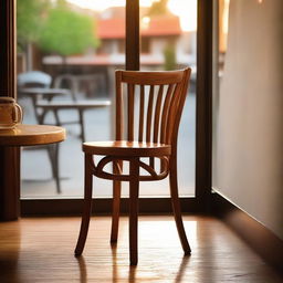 A beautifully crafted teak wood chair placed in a charming cafe, with the warm, vibrant hues of sunset spilling through the window and highlighting the rich wood grains.