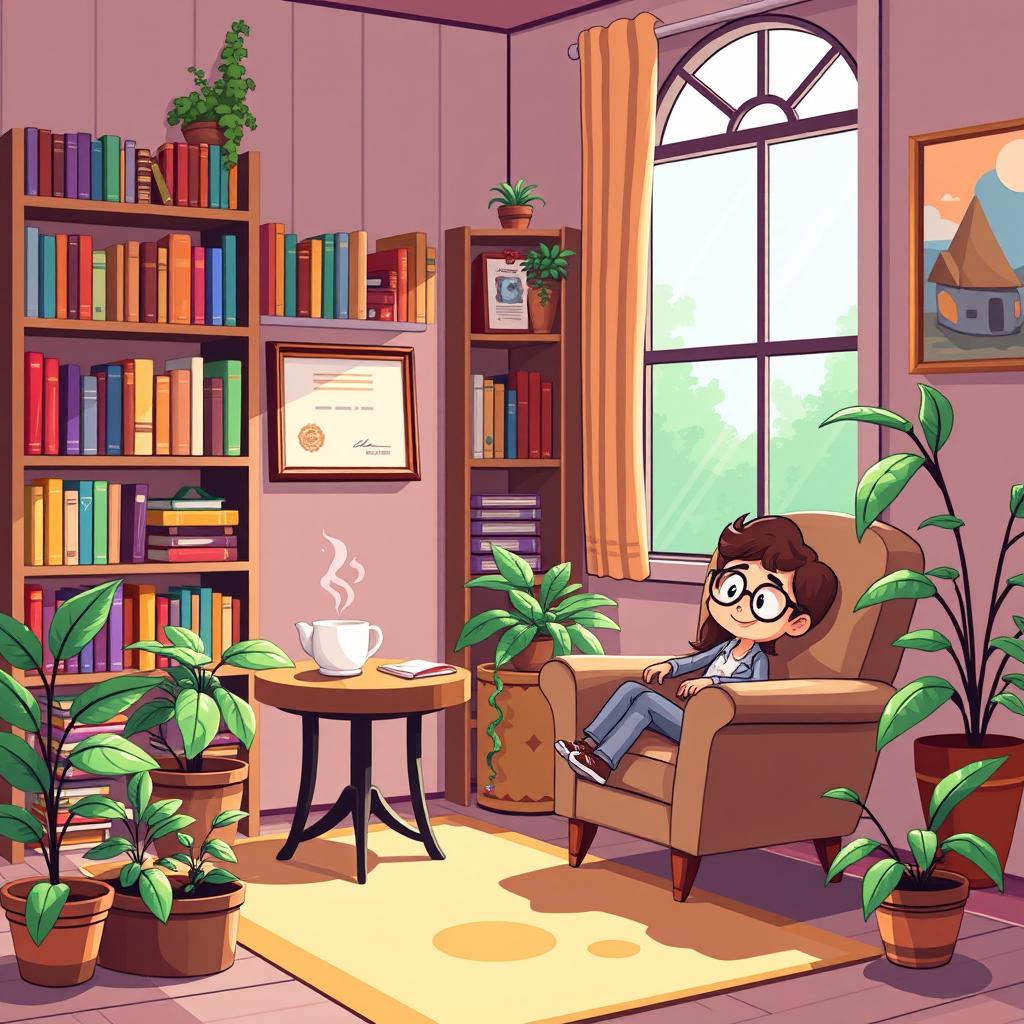 A colorful and whimsical pixel art cartoon of a therapist's office