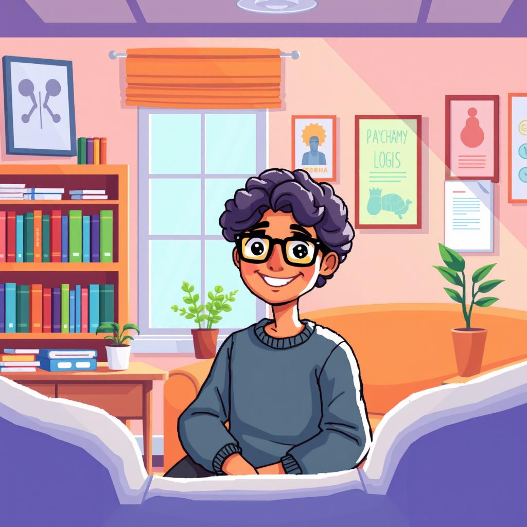 A vibrant and colorful pixel art cartoon of a friendly psychologist sitting in a cozy office